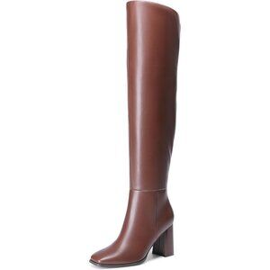 Women's Brown Faux Leather Thigh High Block Chunky Heeled Knee High Long Boots